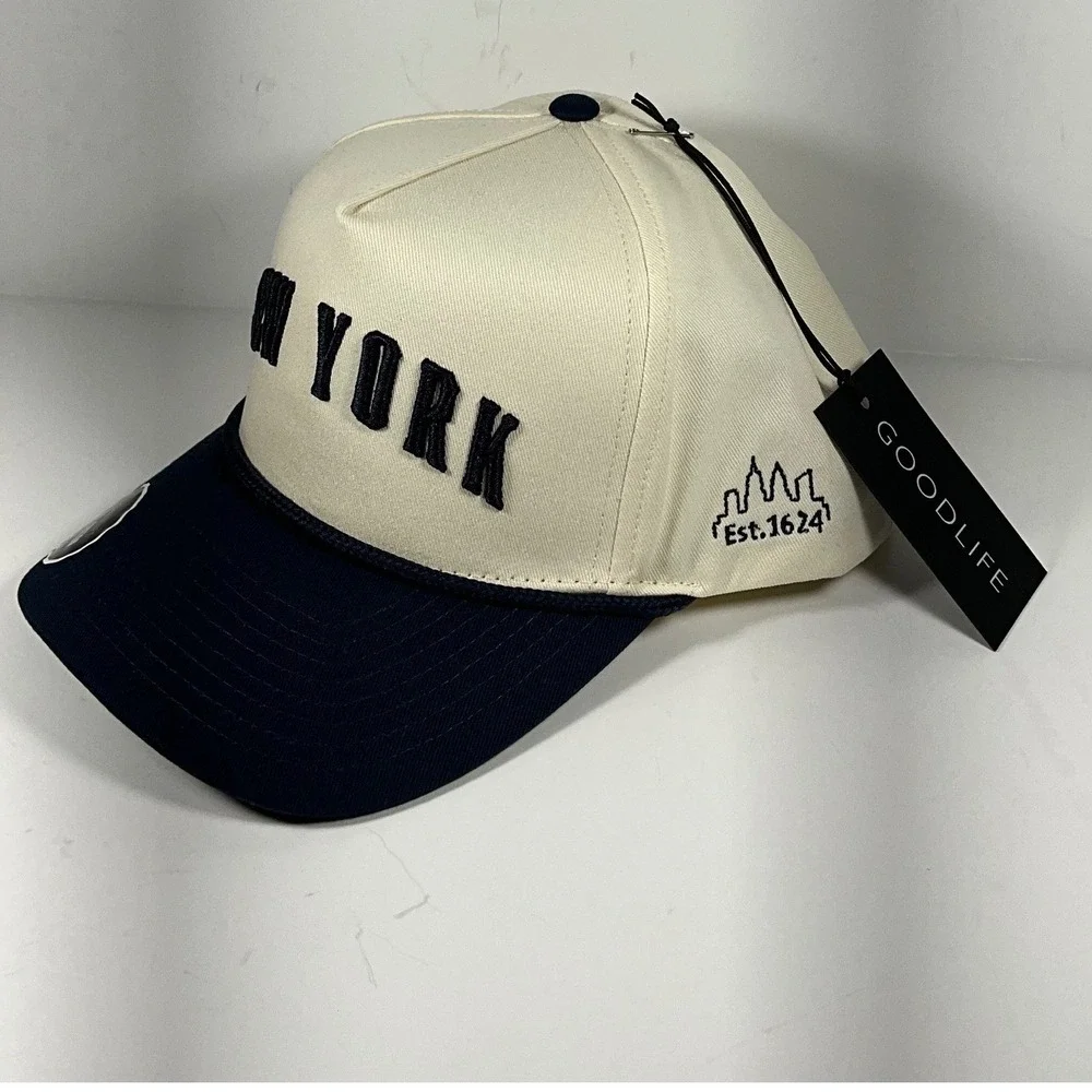 Goodlife New York Embroidered Snapback Hat Cream Navy Blue Cotton Est 1624 Cap